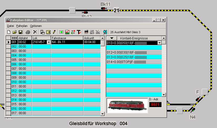 Gleisbild mit Fahrplan-Editor