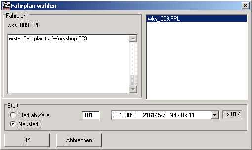 Fahrplan-Auswahlfenster